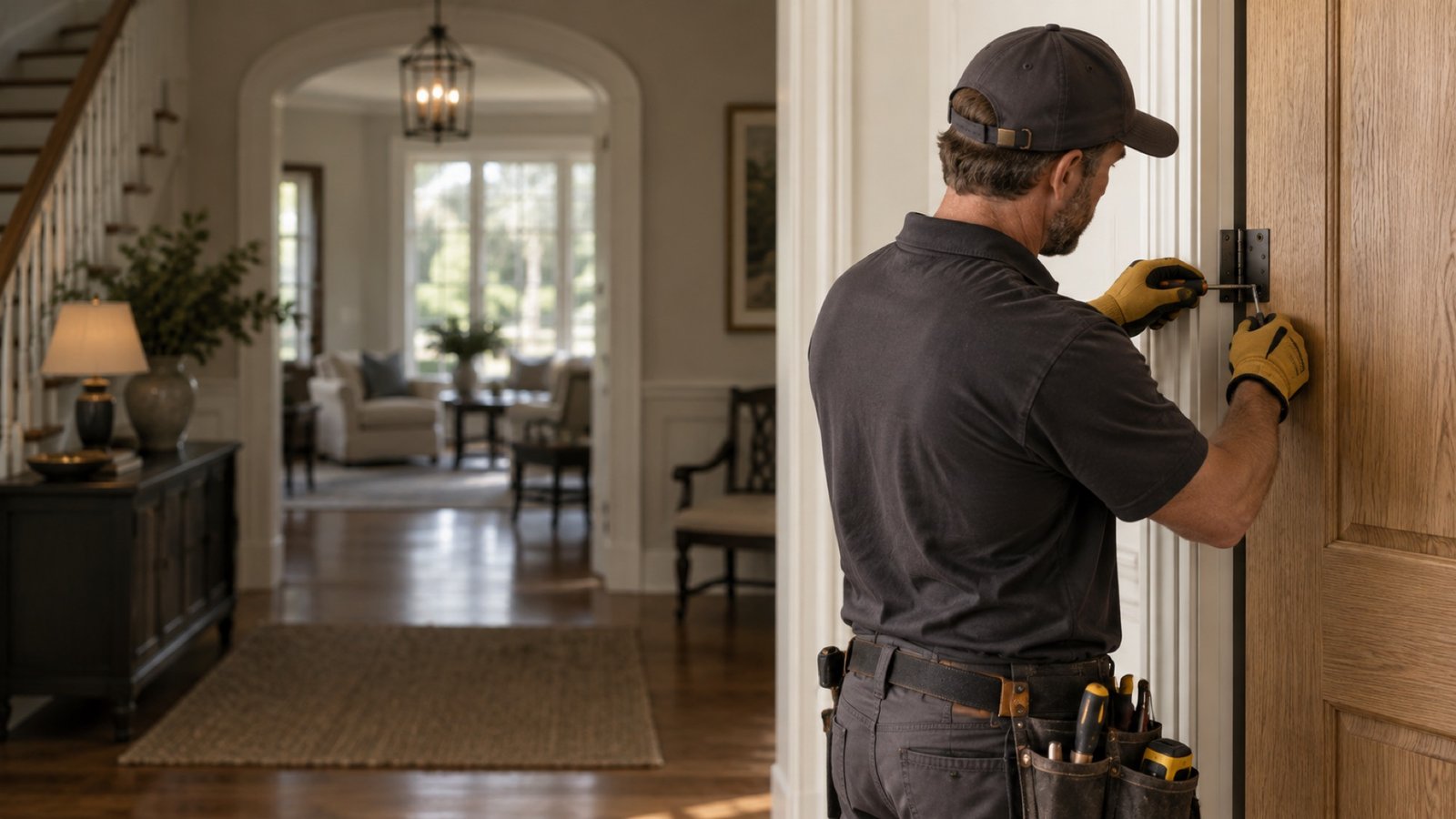 Handyman adjusting door hinges and hardware
