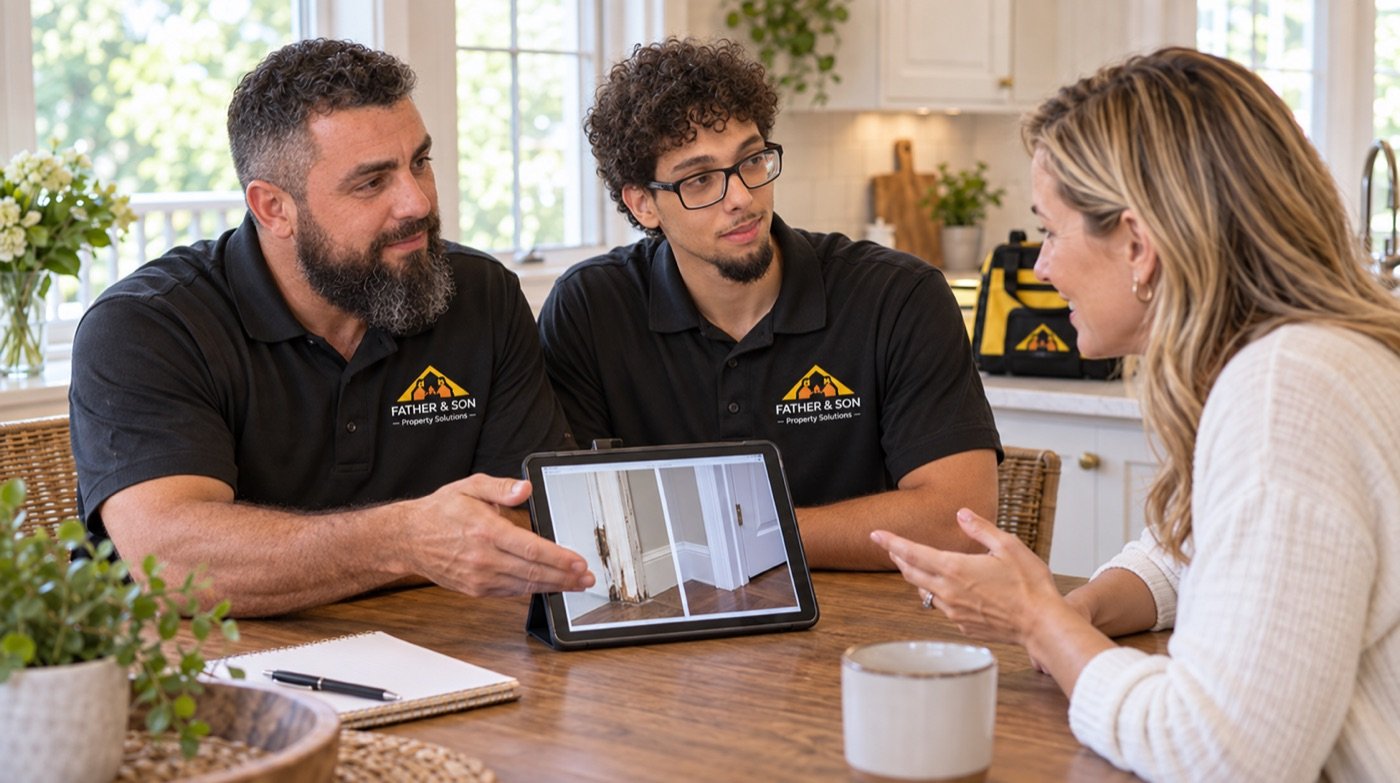 Father & Son team talking with a client