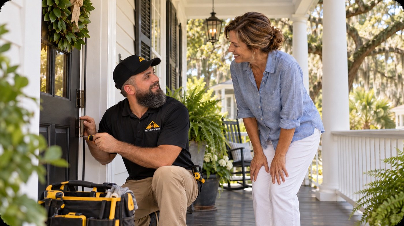 Father & Son technician with a homeowner in Charleston County