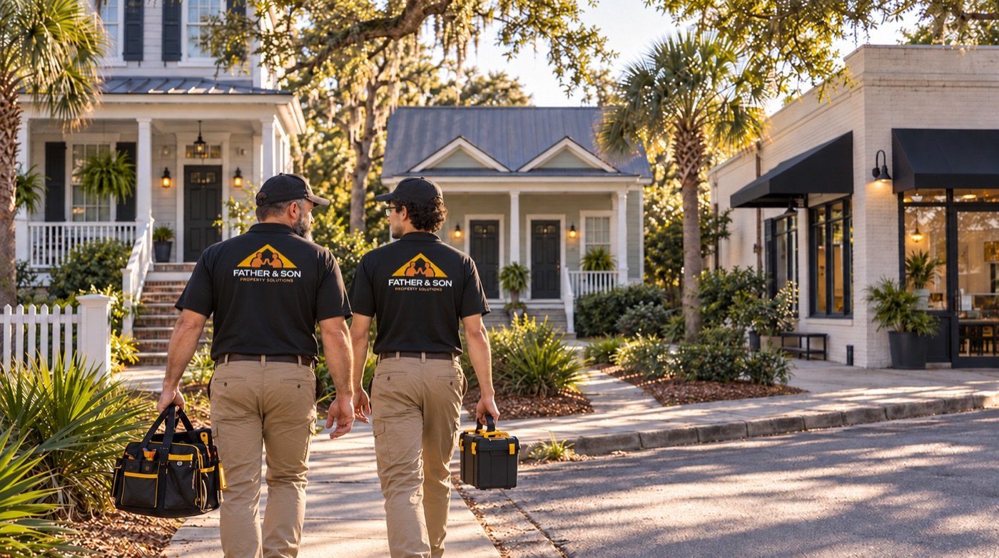 Father & Son team walking to a Charleston property